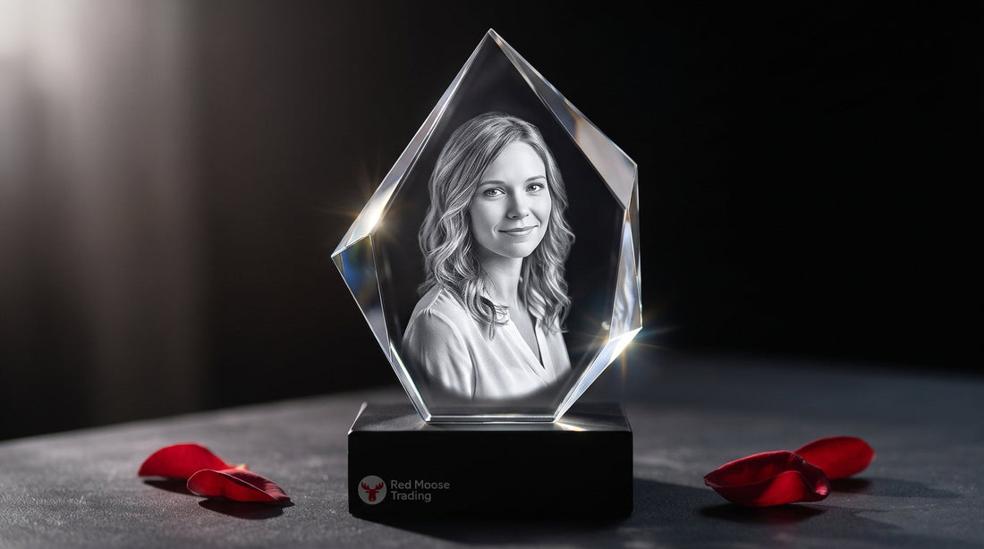 Faceted crystal with a woman's portrait engraved in 3D, side-lit to show the depth of the engraving