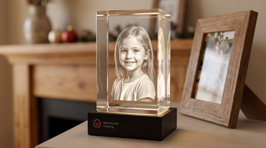 3D photo crystal of a young girl on a mantel next to a wooden photo frame