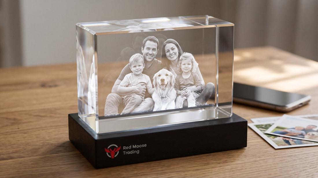 3D crystal engraved with a family and their dog, next to a phone and printed photos
