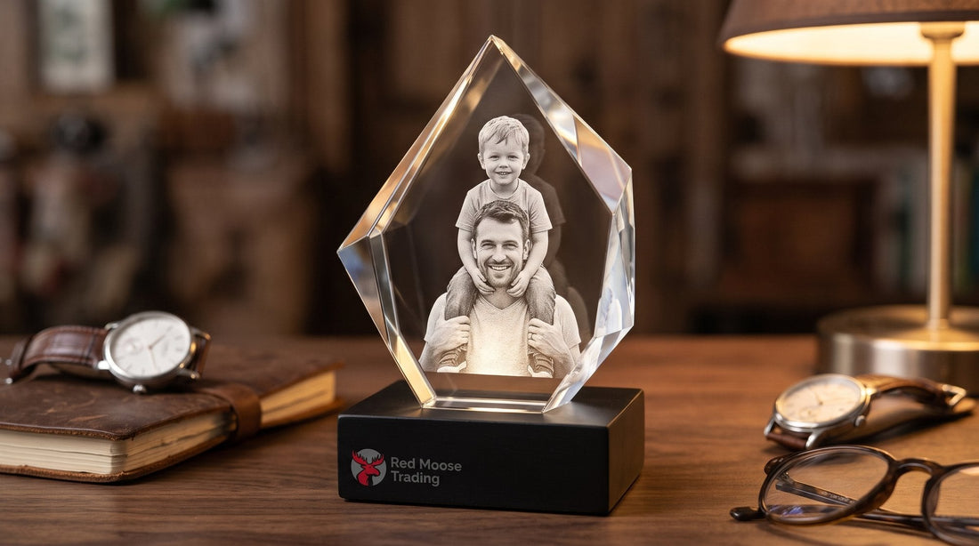 Faceted 3D crystal with a father and son engraved inside, on a walnut desk with a watch and notebook