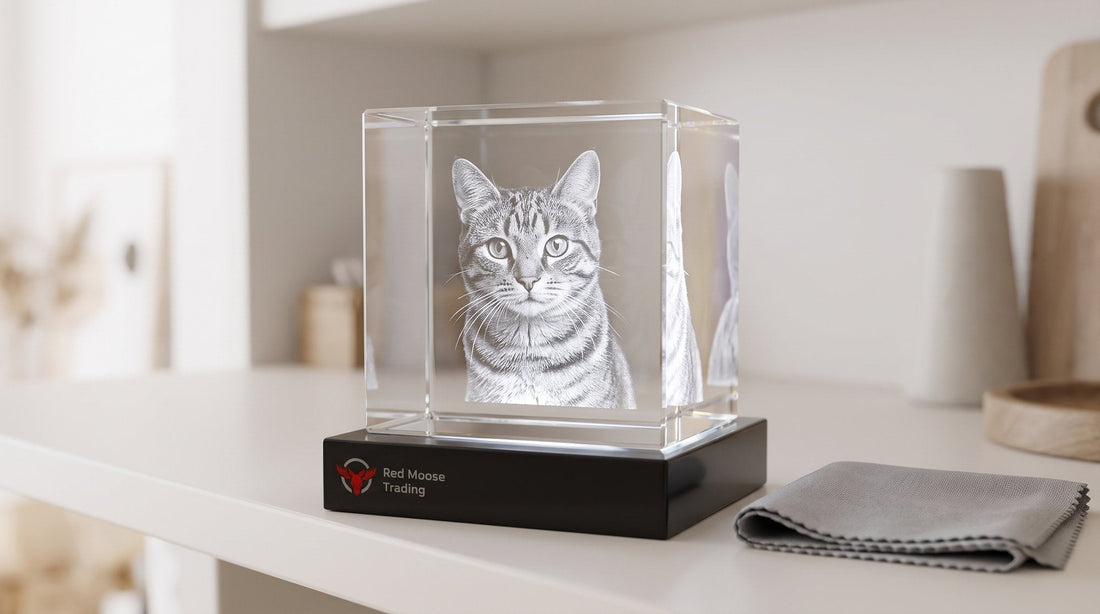Crystal engraved with a tabby cat on a shelf, with a microfibre cleaning cloth beside it