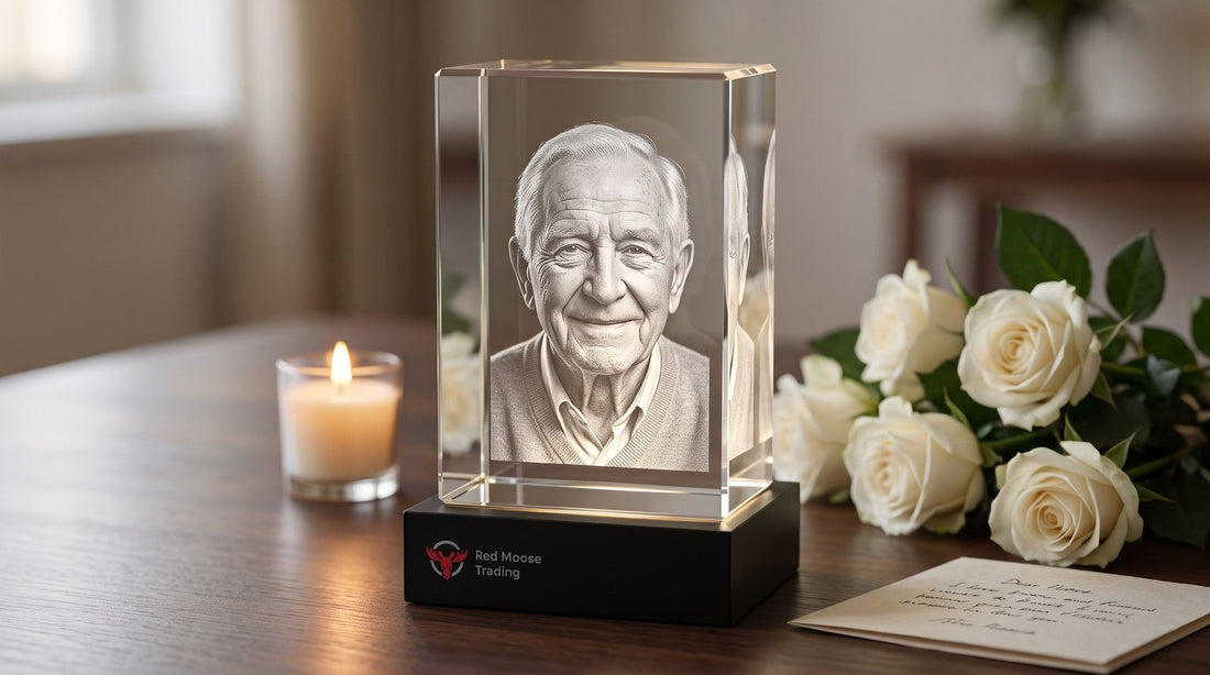 Memorial crystal with an elderly man's portrait engraved inside, beside a candle, white roses and a handwritten card
