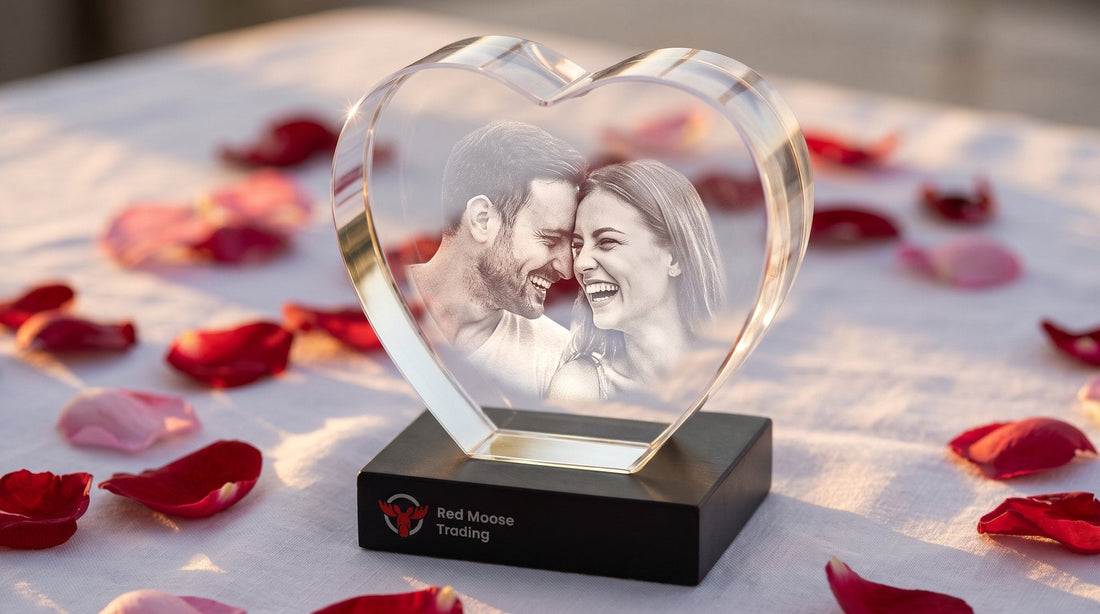 Heart-shaped anniversary crystal with a laughing couple engraved inside, on rose petals
