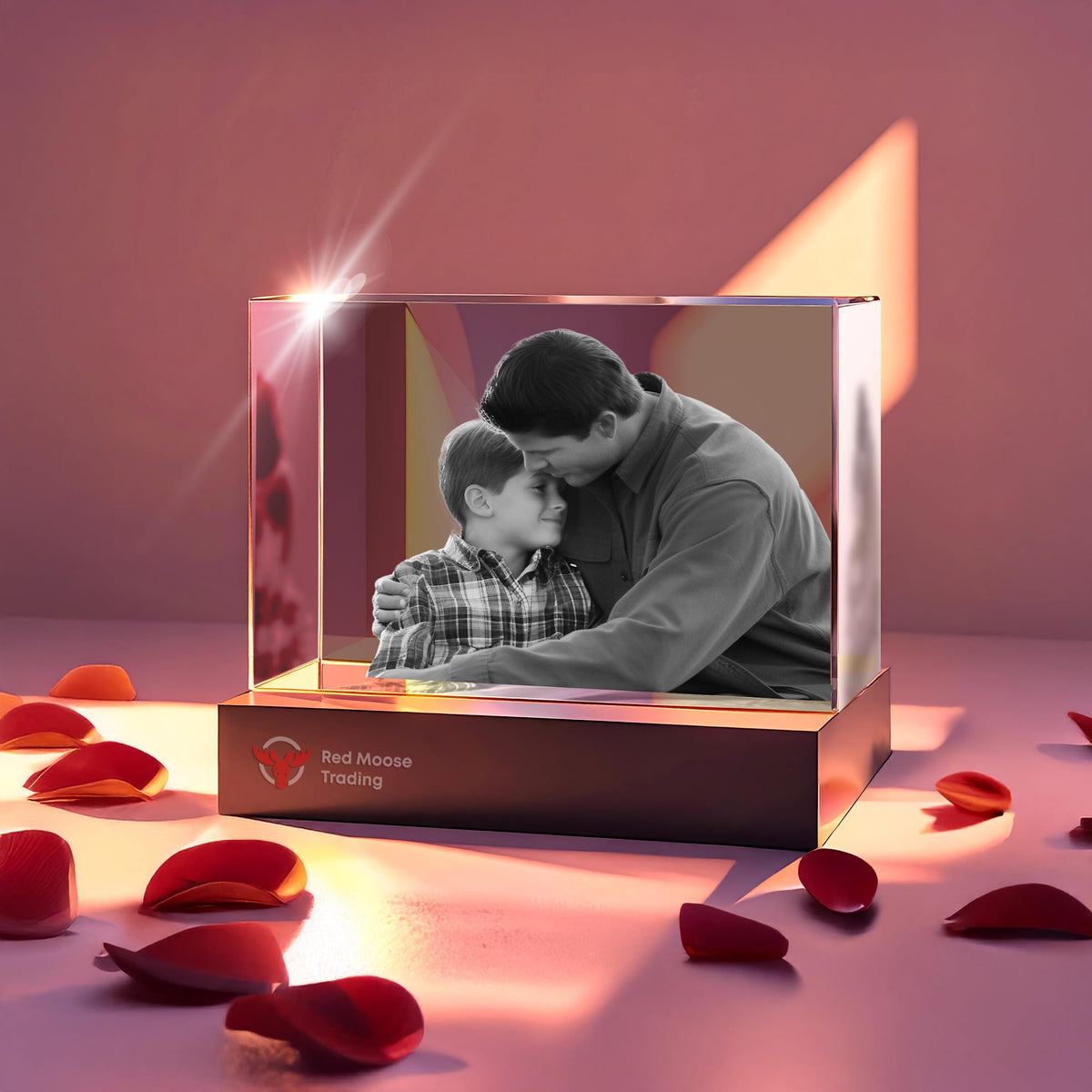 Personalized 3D crystal rectangle landscape with father and son photo on LED light base