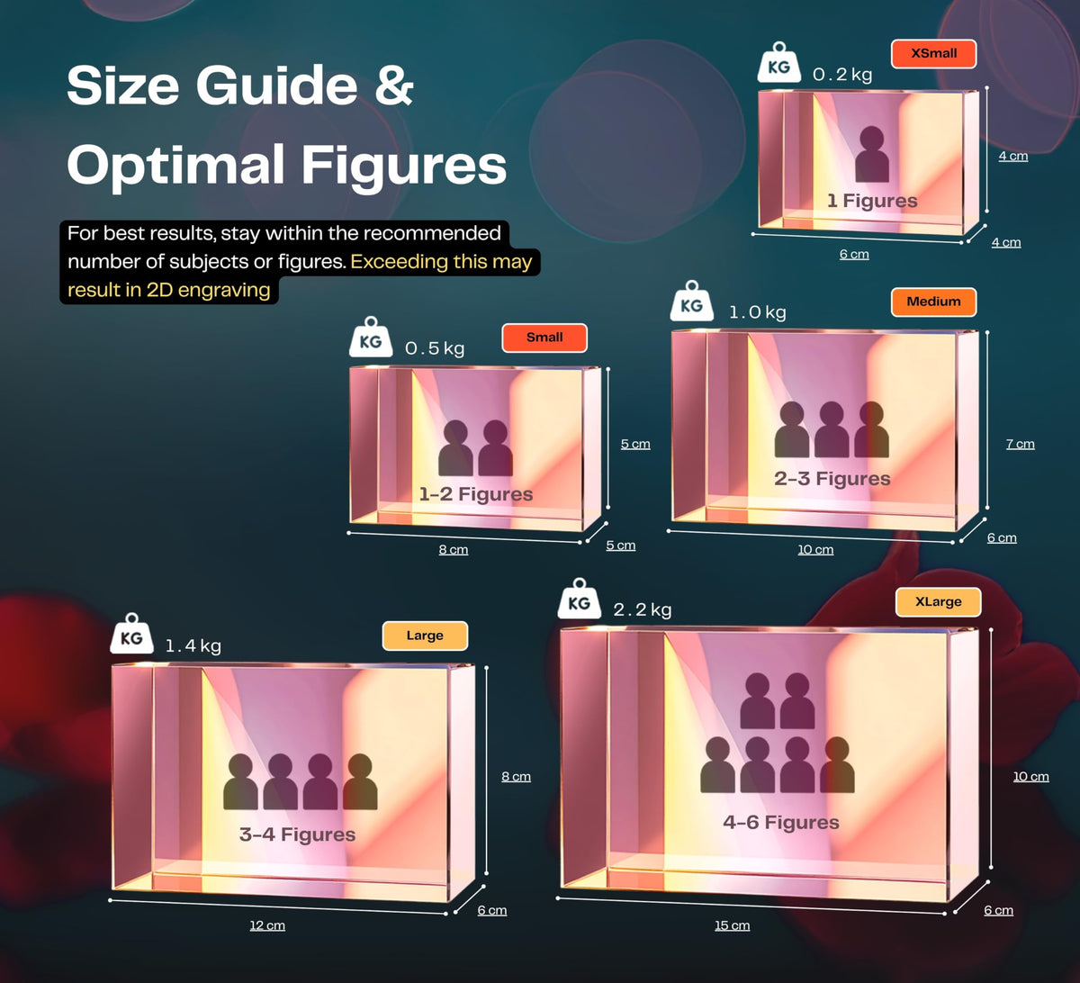 Landscape rectangle crystal size guide from XSmall to XLarge