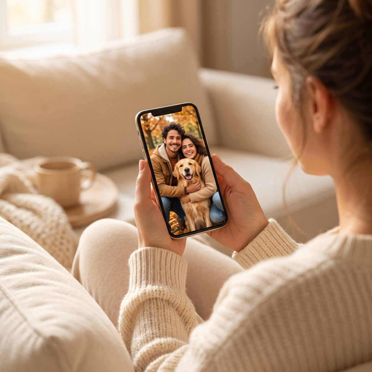 Customer choosing a family photo on her phone to upload