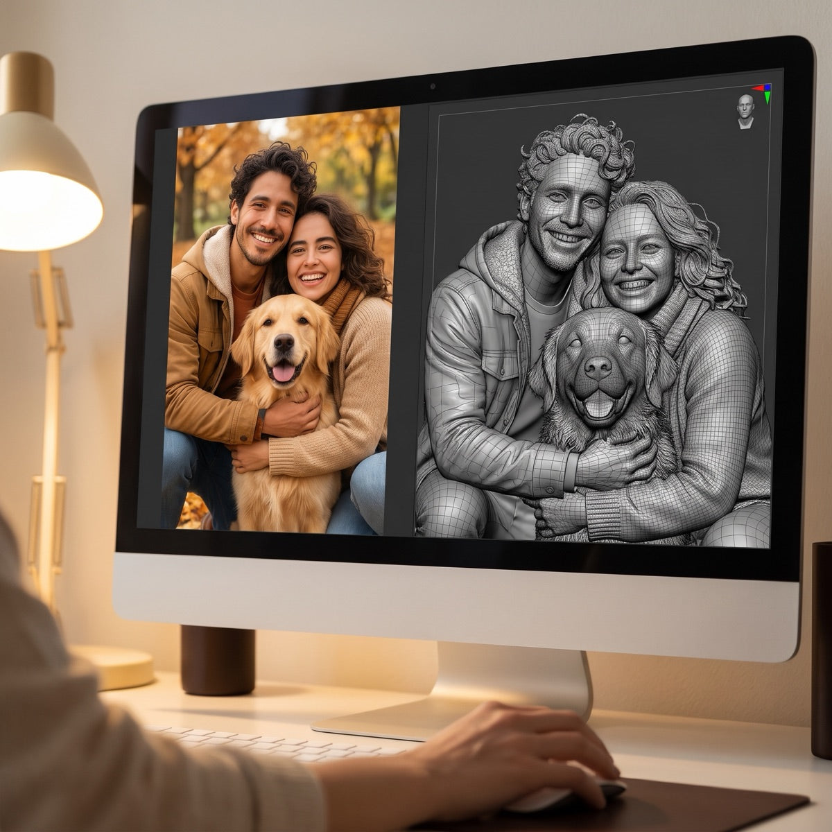 Designer converting the flat photo into a 3D model on screen