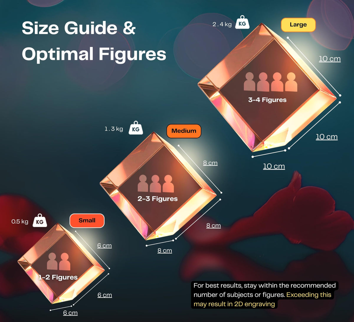 Diamond crystal size guide: Small 6 cm for 1–2 figures, Medium 8 cm for 2–3, Large 10 cm for 3–4
