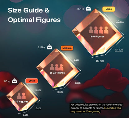 Diamond crystal size guide: Small 6 cm for 1–2 figures, Medium 8 cm for 2–3, Large 10 cm for 3–4