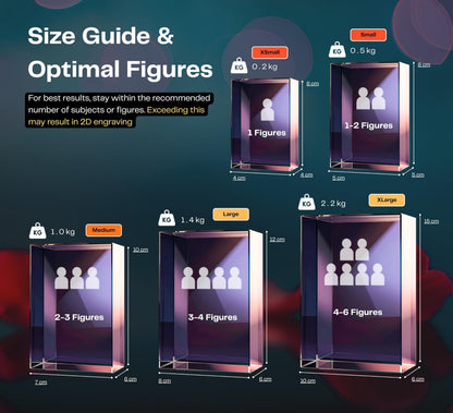Portrait rectangle crystal size guide: Small 5 × 8 cm for 1–2 figures up to XLarge 10 × 15 cm for 4–6